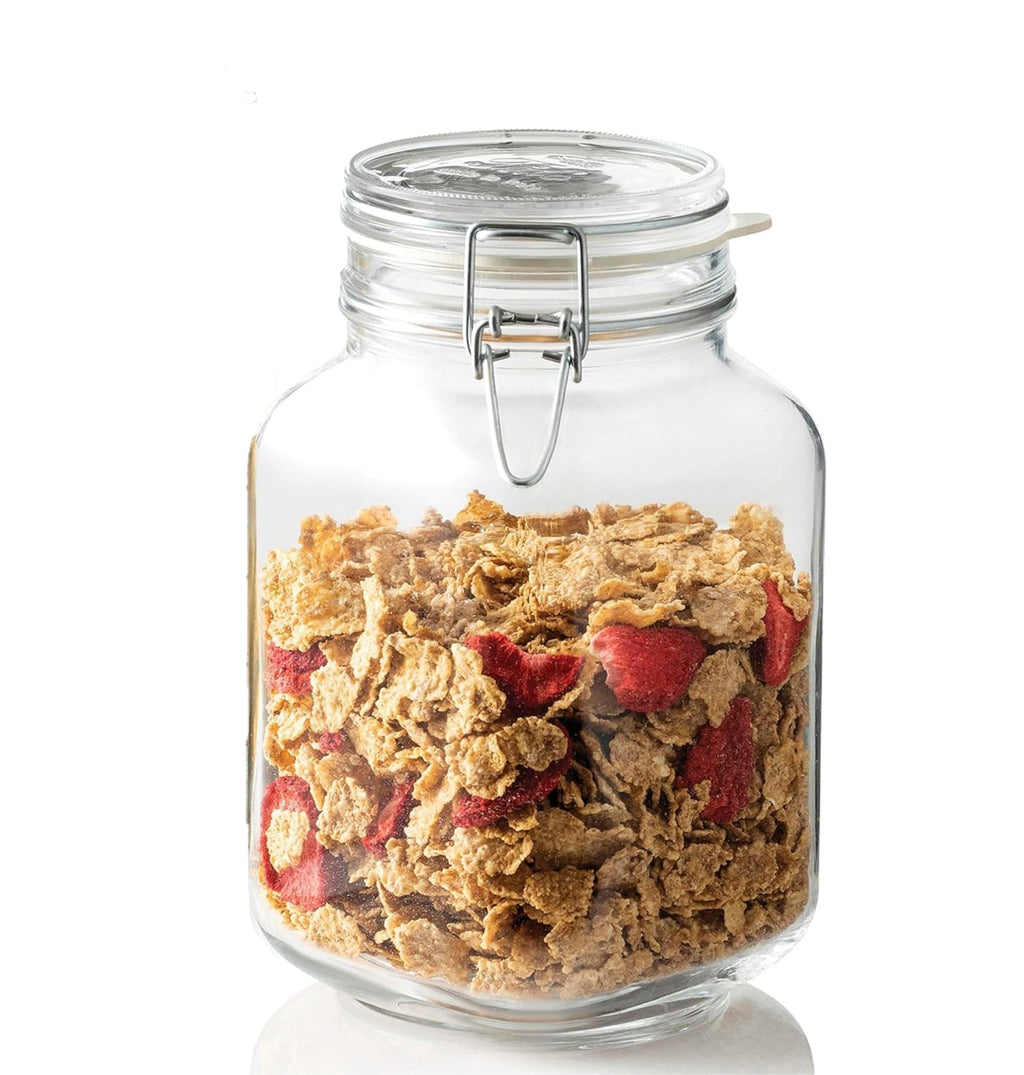 Bormioli Rocco Fido Glass Jar, Blue Lid - Serving & Entertaining Container - 33.75 oz Airtight Clamp Canister for Appetizers, Desserts, Snacks & Gifting - Italian Glass, Dishwasher Safe