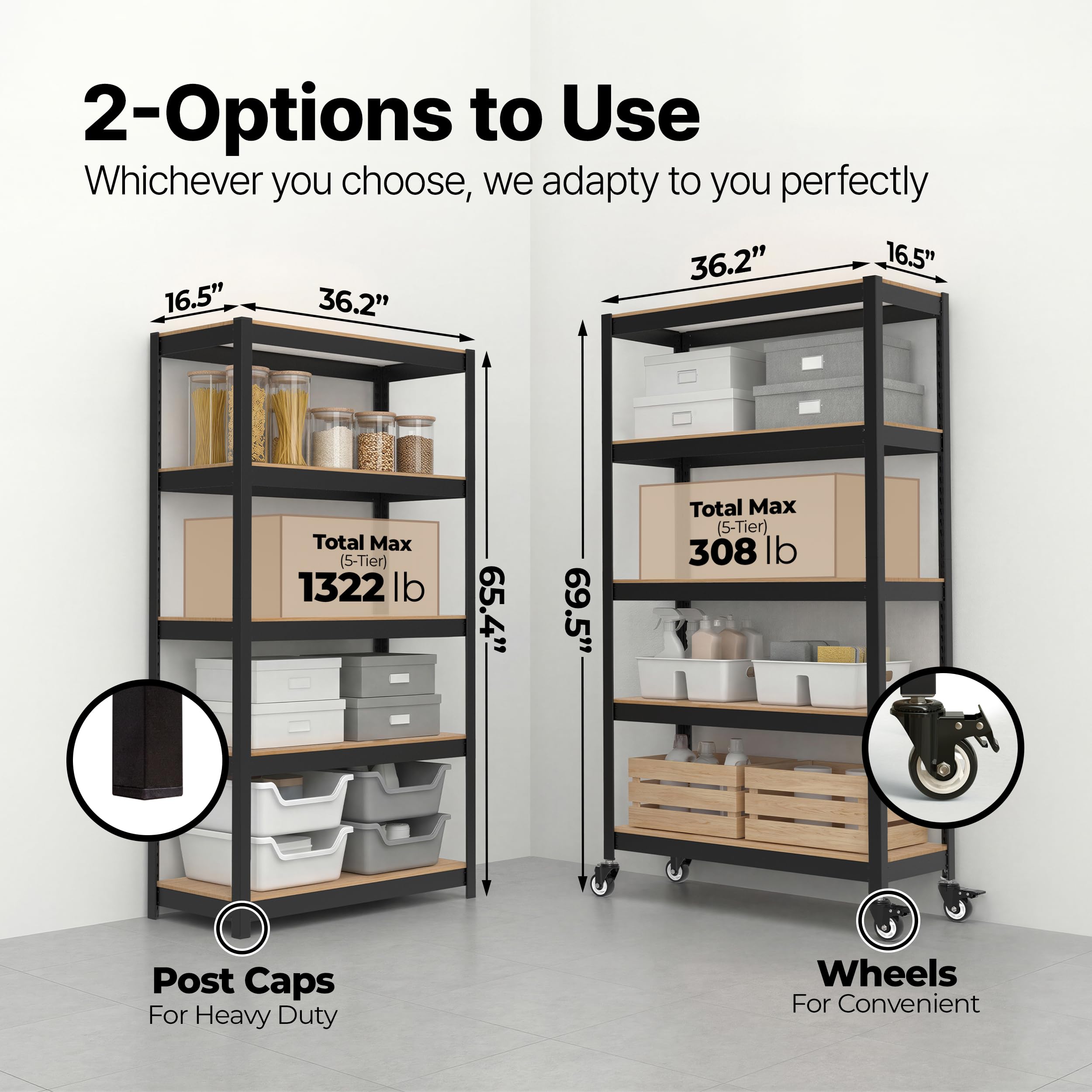HOMEDANT House 36.2" W 5 Tier Heavy Duty Garage Shelving Adjustable Metal Rack Storage Shelves Standing Shelf Unit Organizers Pantry Closet Office Black 1Pack