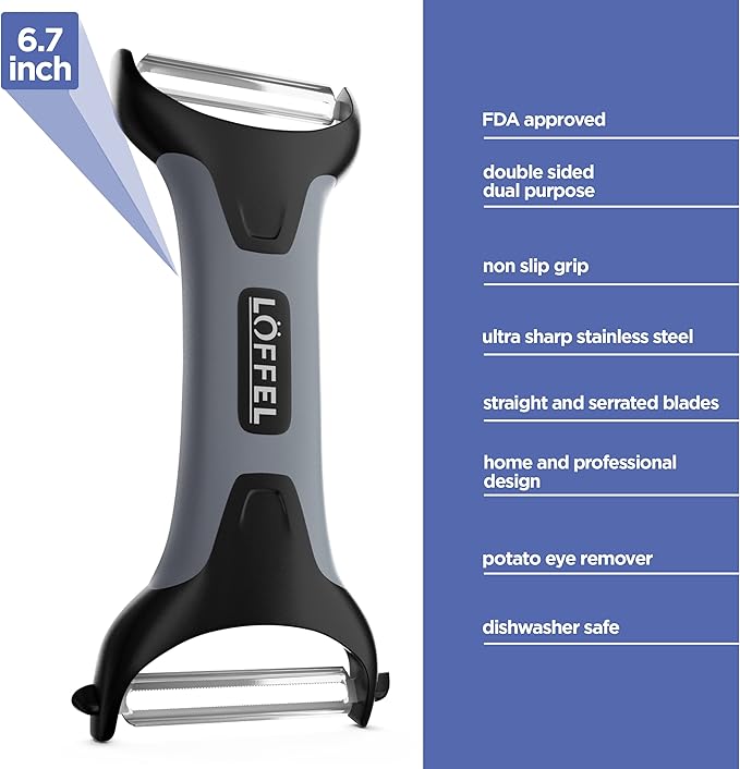 LÖFFEL Peeler for Potato Vegetable Orange - Heavy Duty Double Sided Dual Purpose Non Slip Grip Apple Fruit Y Shaped with Ultra Sharp Stainless Steel Straight and Serrated Blades, Dishwasher Safe
