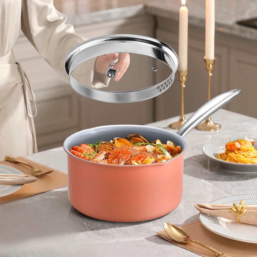 Fracoda 3.0 Quart Stainless Steel Pot Saucepan with Glass Strainer Lid, Sauce Pot with Two Side Spouts, Induction Cooking Pot, Multipurpose Sauce Pan with Lid for Cooking