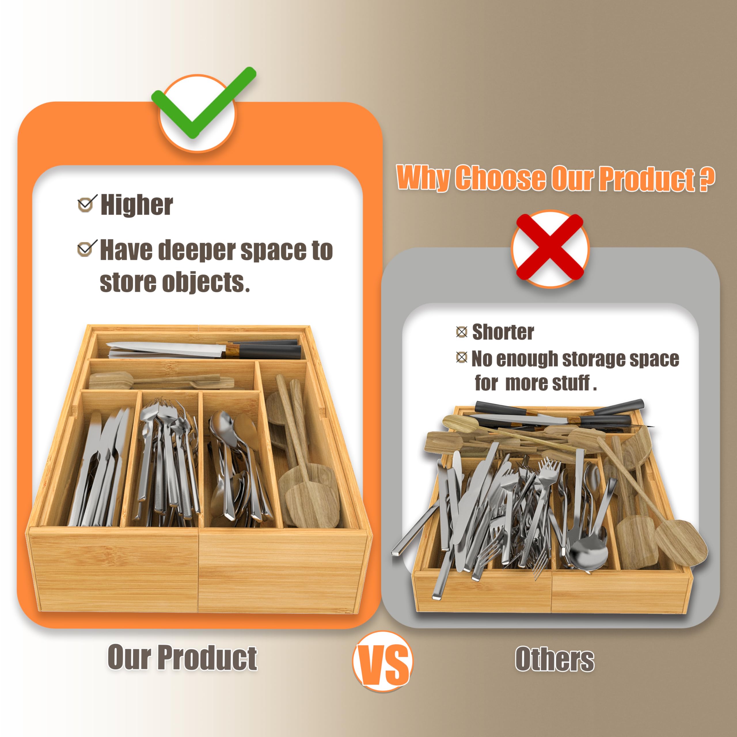 BAMEOS 3.9inch Tall Bamboo Drawer Organizer, Expandable Utensil Holder with 8 Compartments, Adjustable Kitchen Drawer Divider for Flatware, Silverware and Gadgets, Deep Storage for Home and Office