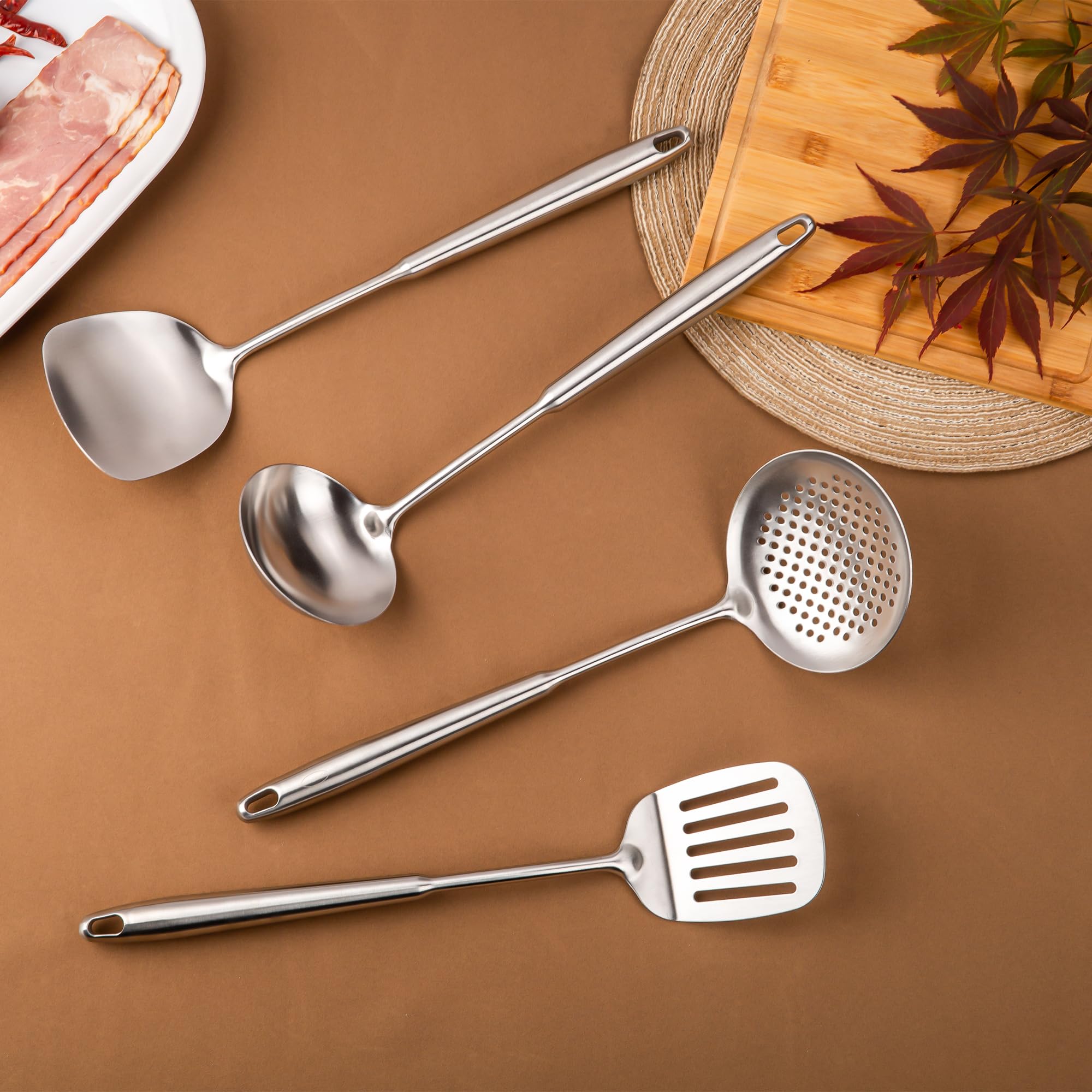 FJNATINH 4-Pieces 304 Stainless Steel Wok Spatula Set,Cooking Utensil Set,Soup Ladle Colander,Nonstick Kitchen Cooking Utensils Set with Spatula,Kitchenware Tools
