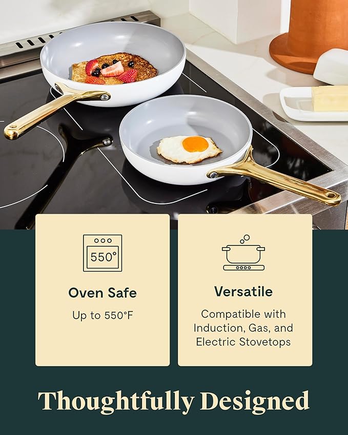 Caraway Ceramic Fry Pan Duo with Glass Lids - Non-Stick Frying Pans (10.5” & 8”) - Non Toxic, PTFE & PFOA Free - Oven Safe & Compatible with All Stovetops – White