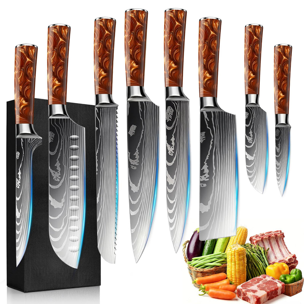 FIVE COWS 10-Piece Premium Japanese Kitchen Knife Set - Star Collection, Laser Damascus Pattern, 440A Stainless Steel Ultra Sharp for Fast Cutting (Red)