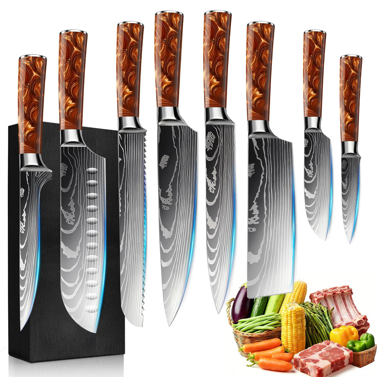FIVE COWS 10-Piece Premium Japanese Kitchen Knife Set - Star Collection, Laser Damascus Pattern, 440A Stainless Steel Ultra Sharp for Fast Cutting (Red)