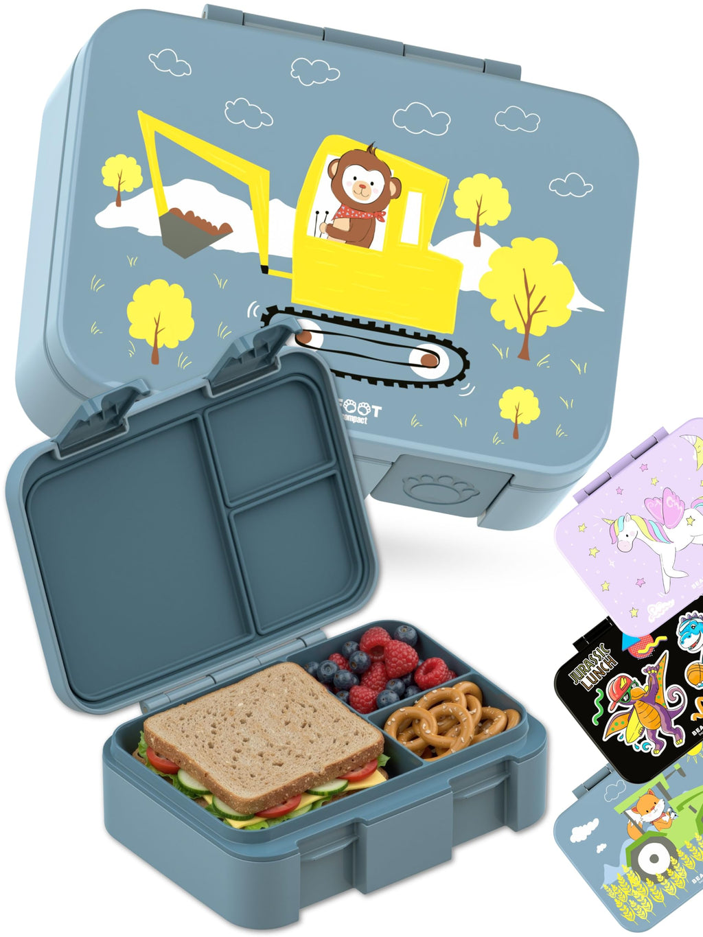 BEARFOOT Kids Lunch Box with Compartments – Compact & Lightweight | Leak-Proof, BPA-Free, Dishwasher Safe | Hand-Drawn Design for Preschool, School, Travel (Sticker Purple, 2.75 Cups)