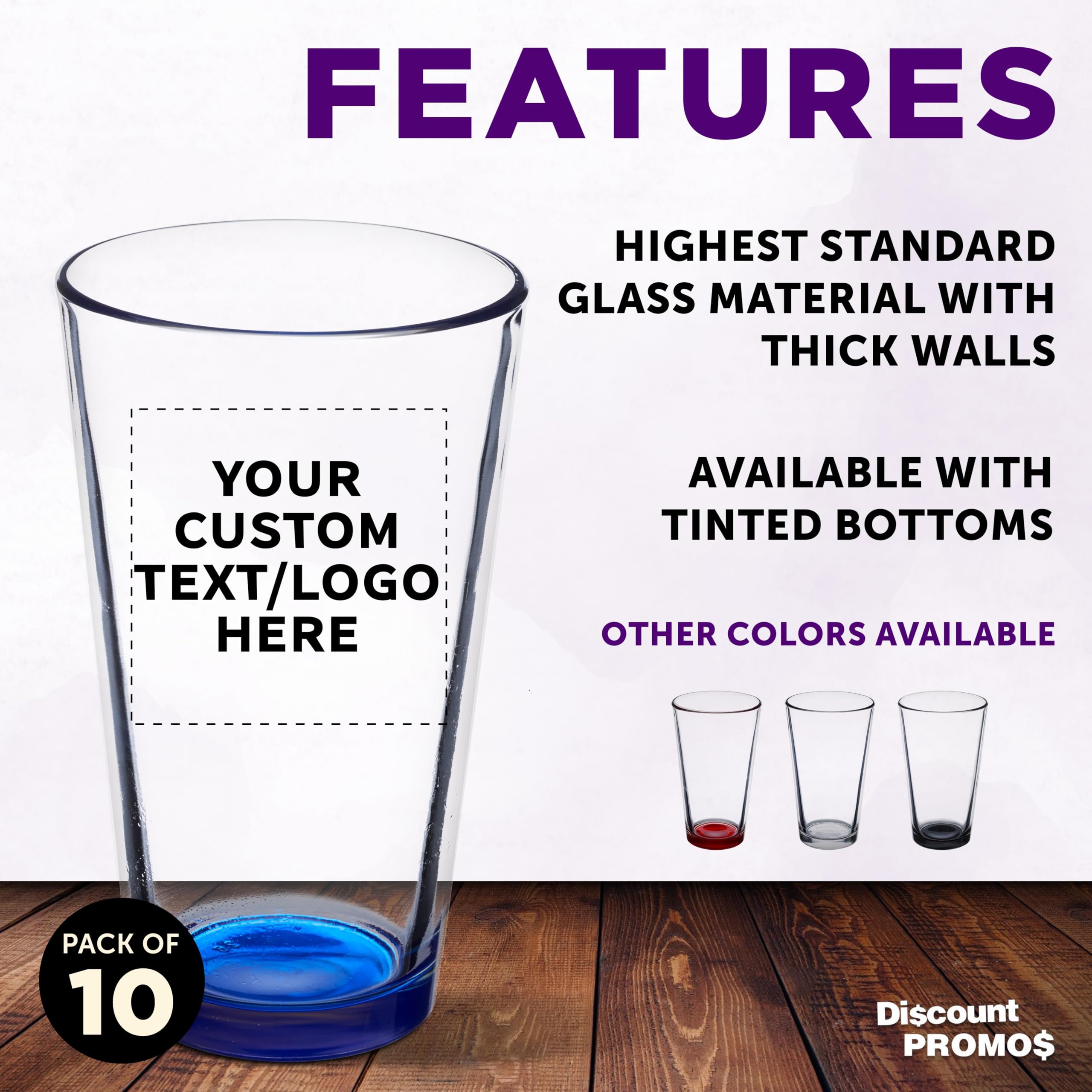 Custom Pint Glass 16 oz. Set of 10, Personalized Bulk Pack - Beer Glasses, Heavy Duty Drinkware - Blue