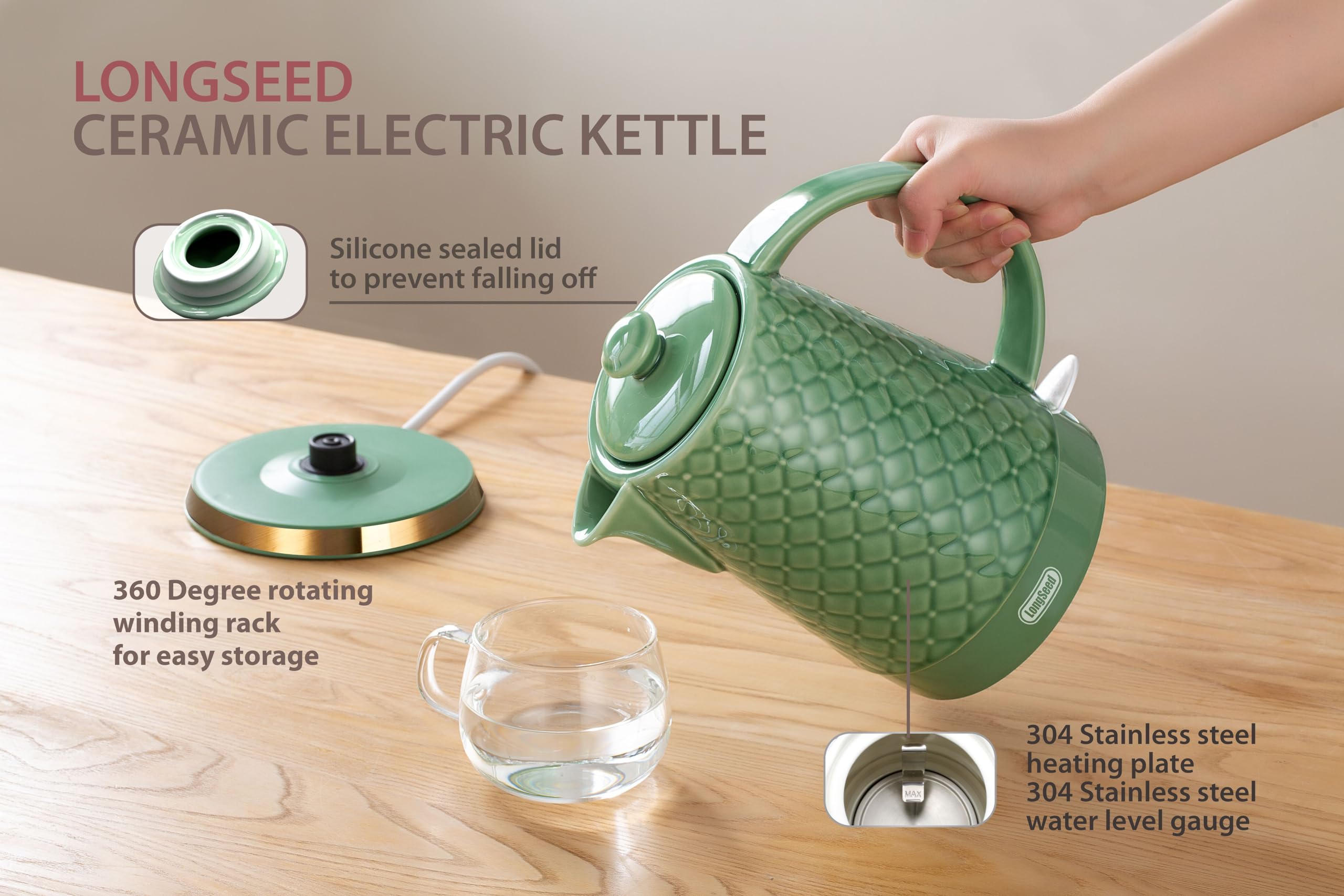 LONGSEED Ceramic Electric Kettle, 1.5L/1200W Boil Water Quickly and Easily with Boil-Dry Protection Auto Shut Off, Detachable Swivel Base, Green Relief Carving