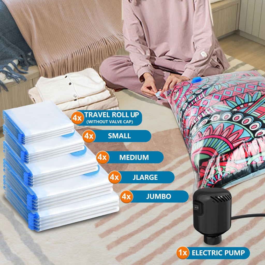 kissleaf 20 Pack Vacuum Seal Bags for Clothing with Electric Air Pump, Space Saver Vacuum Storage Bag for Clothes, Mattress, Blanket, Duvets, Pillows(4 Jumbo/4 Large/4 Medium/4 Small/4 Roll Up Bags)
