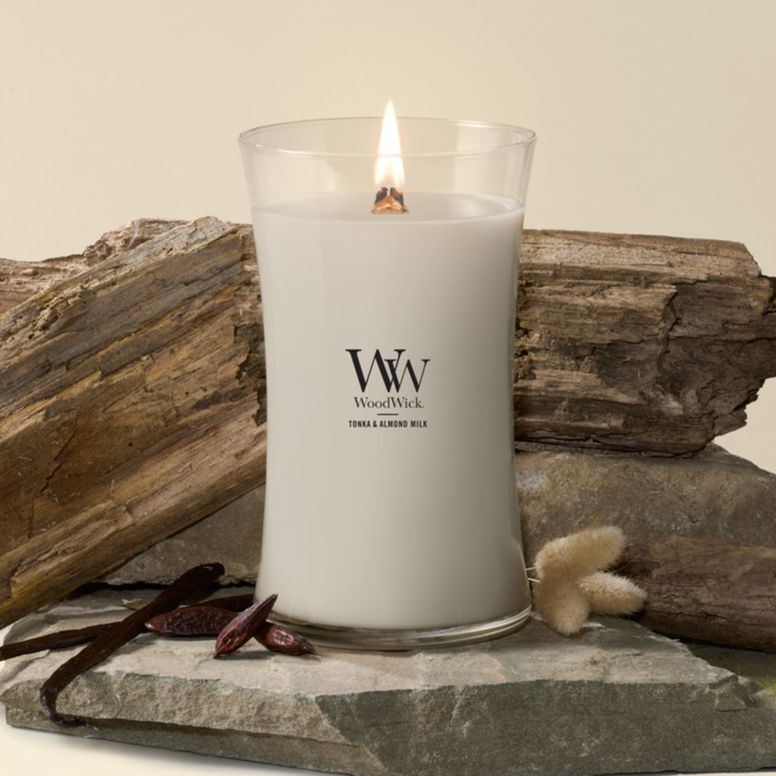 WoodWick Tonka & Almond Milk Gifts for Women and Men, 21.5 oz Large Hourglass Candle with Crackling Wick