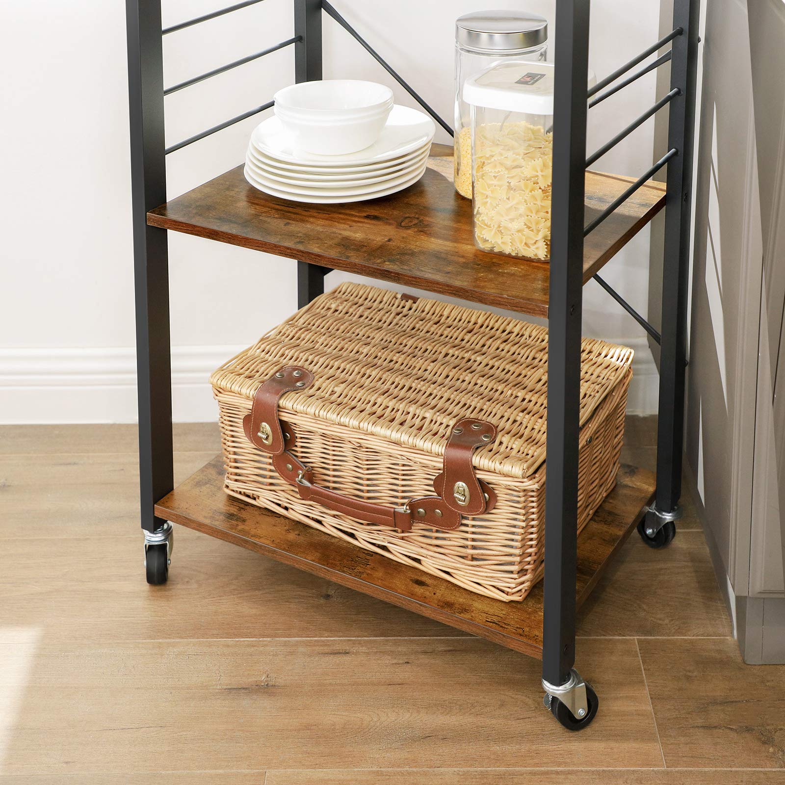 VASAGLE Kitchen Shelf on Wheels, 23.6 Inches Serving Cart with 3 Shelves, Kitchen Cart, Microwave Shelf, for Mini Oven, Toaster, with 6 Hooks, Industrial Style, Rustic Brown and Ink Black UKKS60XV1