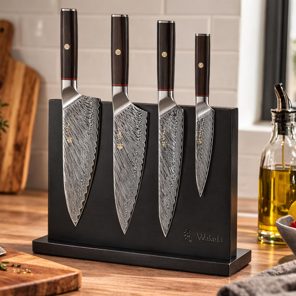 Wakoli Culinary Asia 4-Piece Asian Knife Set, VG10 Damascus, Magnetic Block