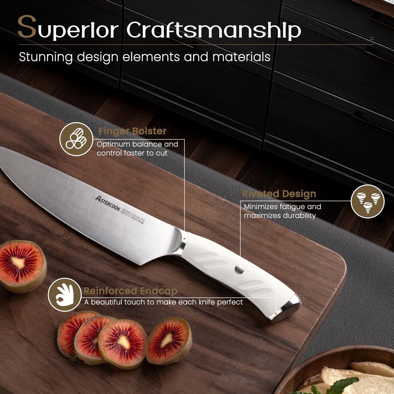 Knife Set, Astercook Kitchen Knife Set with Block, 15 Pcs Luxurious High Carbon German Stainless Steel Knives Set with Full Tang Ergonomic Handle, Dishwasher Safe Knife Set with Sharpening Rod, White