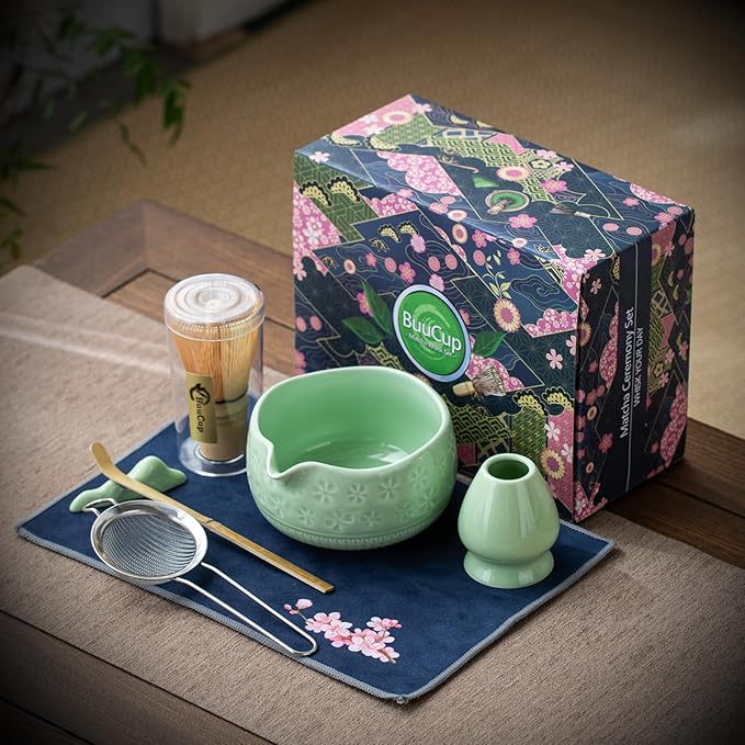 Matcha Whisk Set, Ceramic Matcha Kit Set Includes Matcha Bowl, Matcha Whisk and Holder, Bamboo Scoop, Scoop Rest, Sifter and Tea Towel - 7 Pcs Matcha Kit for Matcha Lovers (Green)