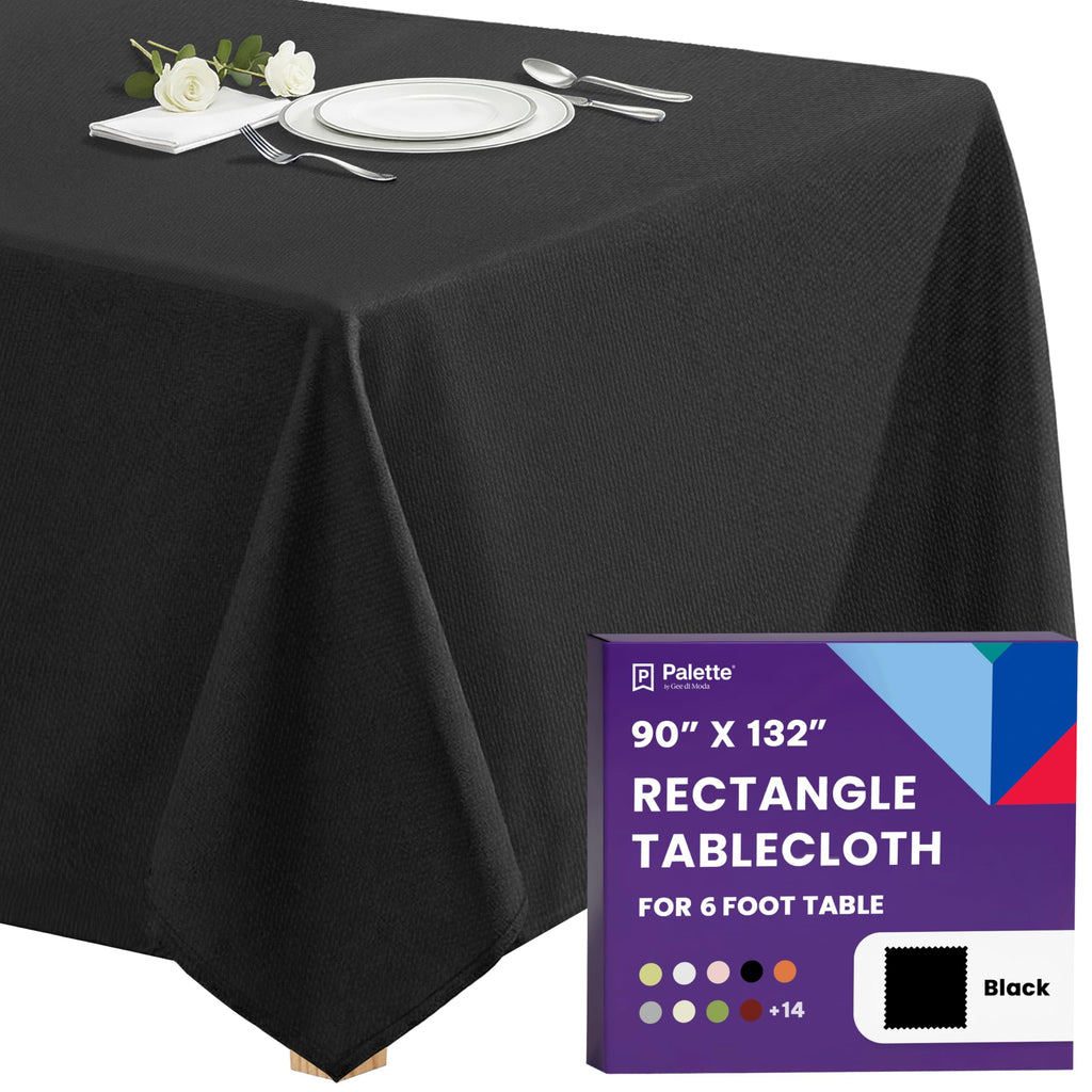 Gee Di Moda Rectangle Tablecloth - 90 x 132 Inch Black Table Cloth for 6 Foot Tables with Floor-Length Drop - Heavy Duty Washable Fabric for Holiday Party, Dinner, Weddings & Baby Shower