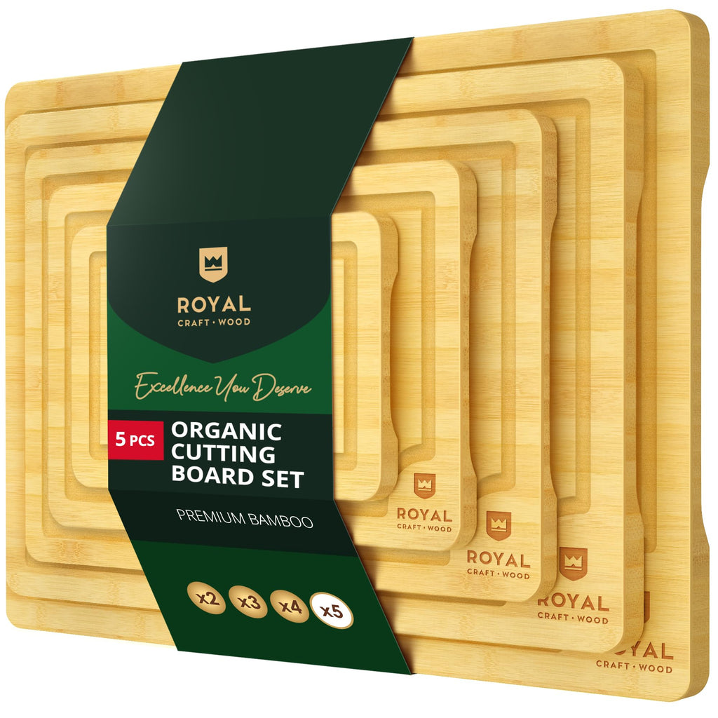 ROYAL CRAFT WOOD Wooden Cutting Boards for Kitchen Meal Prep & Serving - Bamboo Wood Serving Board Set with Deep Juice Groove Side Handles - Charcuterie & Chopping Butcher Block for Meat