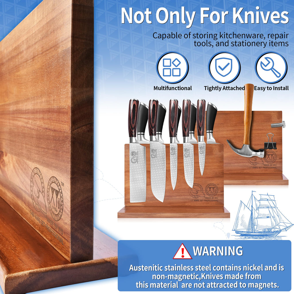 XYJ Magnetic Knife Block, Acacia Wood Knife Holder with Strong Magnets