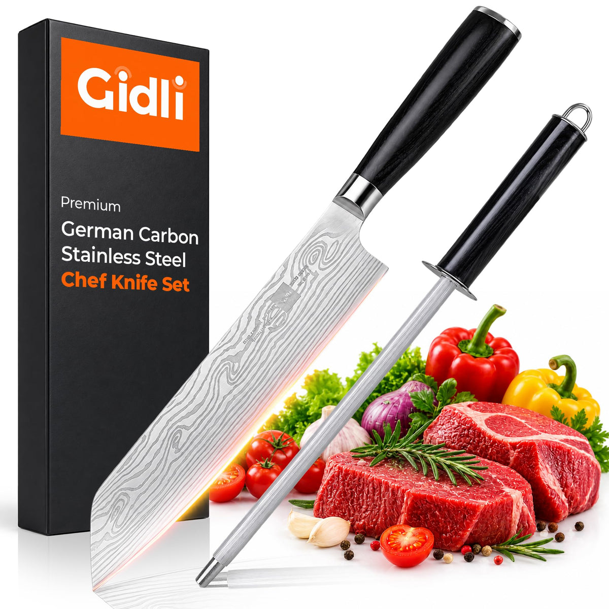 Gidli 8 Inch Chef Knife Set with Diamond Sharpener - Sharp Kitchen Knife