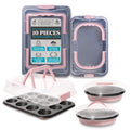 Country Kitchen Baking Pans Set - 10 Piece Non-Stick Cake Pans with Carry Lids for Easy Storage & Travel, Perfect for Parties - Stackable, Pink