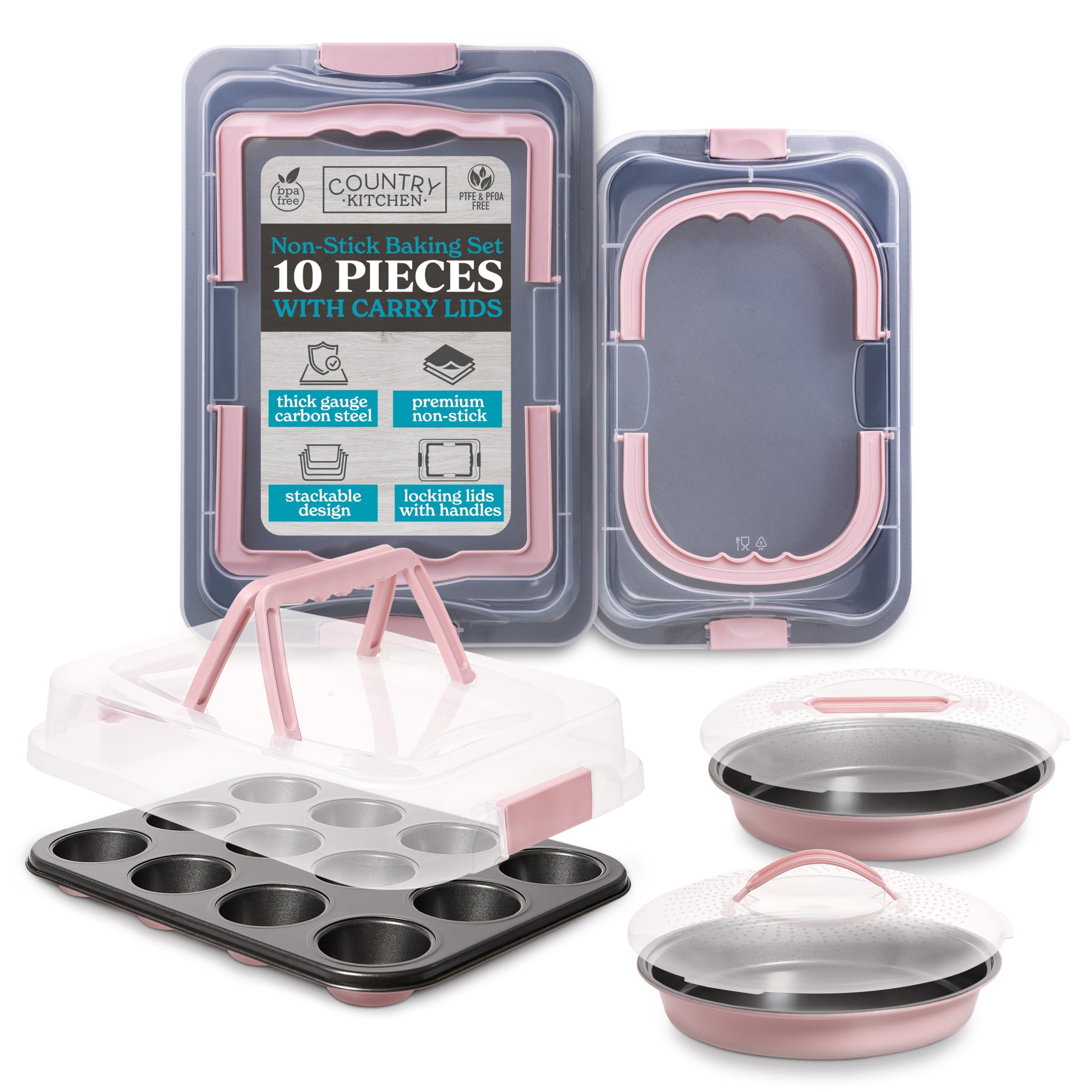 Country Kitchen Baking Pans Set - 10 Piece Non-Stick Cake Pans with Carry Lids for Easy Storage & Travel, Perfect for Parties - Stackable, Pink
