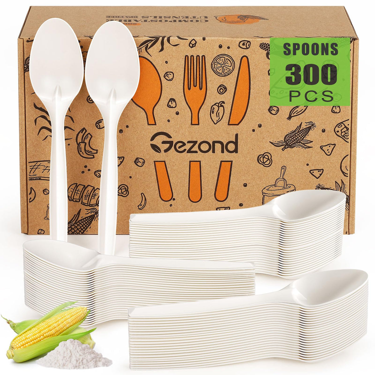 Gezond Compostable Spoons 150 Pack 6.7 Inch Disposable Spoons Heavy-duty