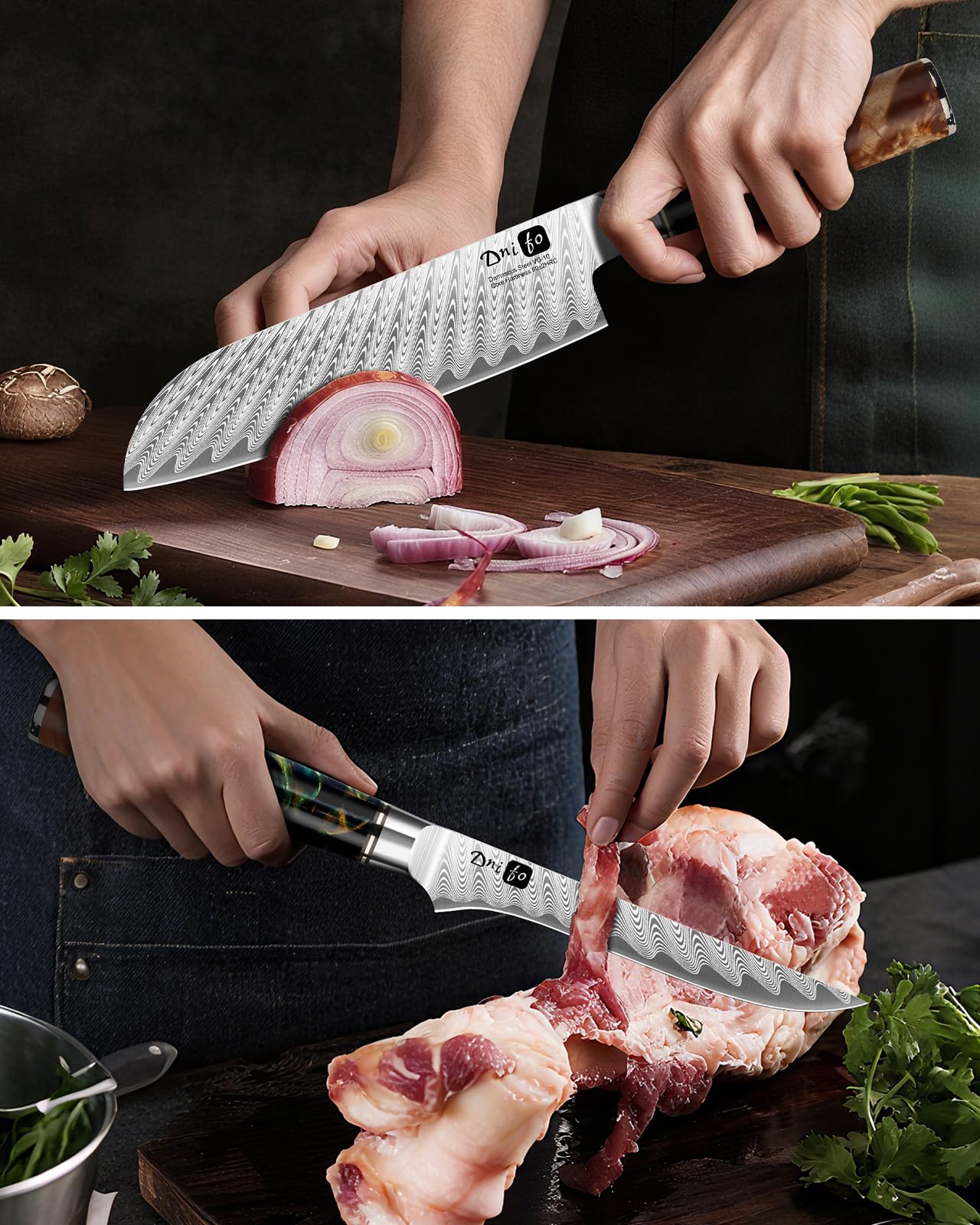 5PCS Damascus Knife Set, 5" Paring, 6" Boning, 7" Santoku, 8" Chef & Bread