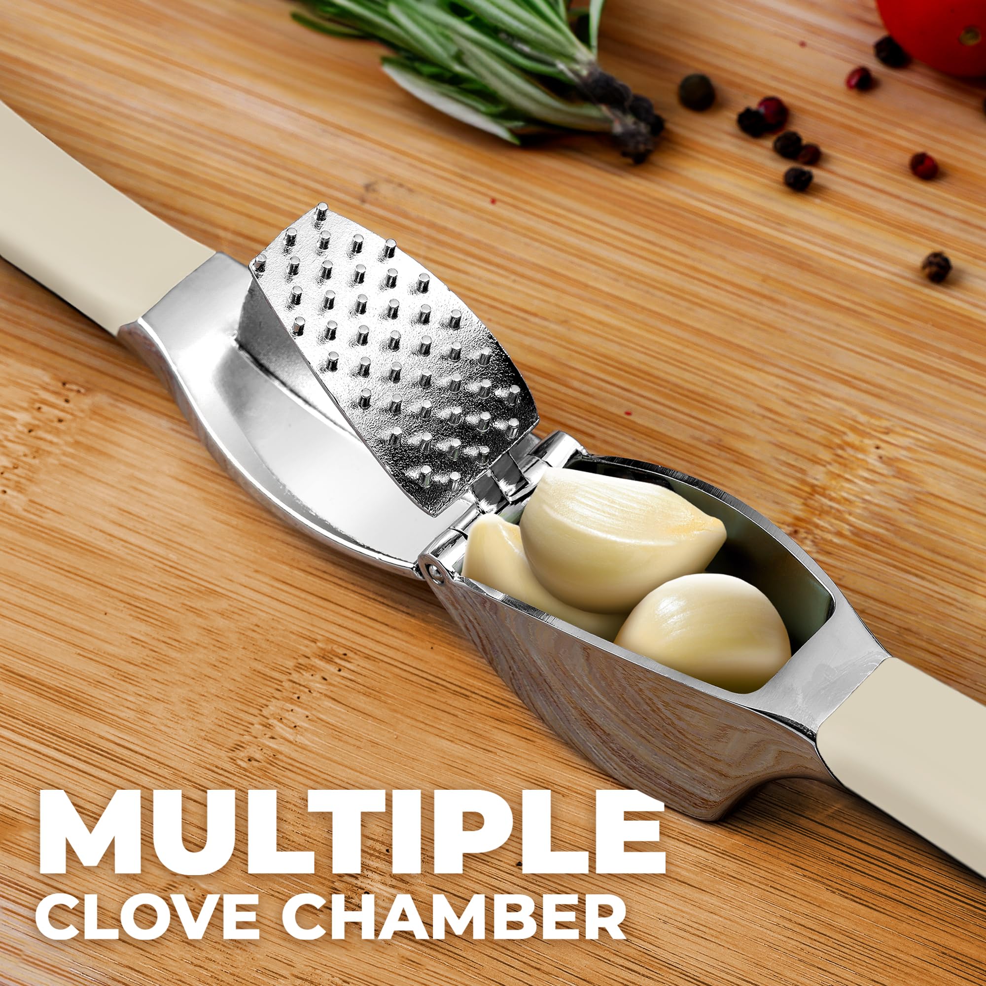 Zulay Kitchen Comfort Grip Garlic Press - Garlic Mincer Tool - Garlic Crusher - Garlic Press Mincer Rust Proof, with Soft Ergonomic Handle, Easy Clean Set with Peeler and Brush - White