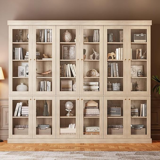 70.8" Bookshelf with Glass Doors, Farmhouse Modular Bookcase with 6-Tier Adjustable Shelves, Large Storage Cabinet for Living Room & Home Office, Brown