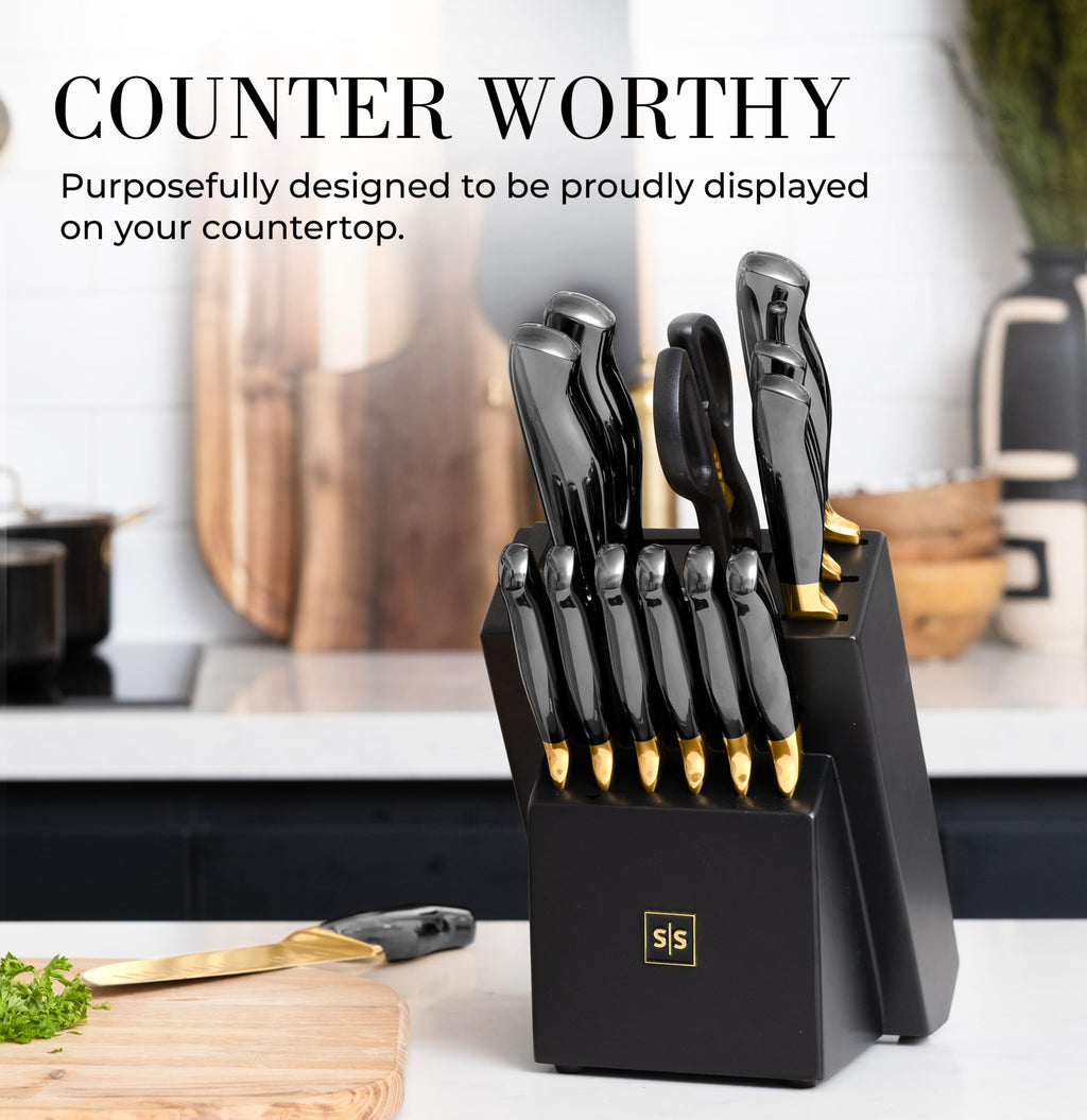 Styled Settings Black and Gold Knife Set with Block and Sharpener, 14-Piece