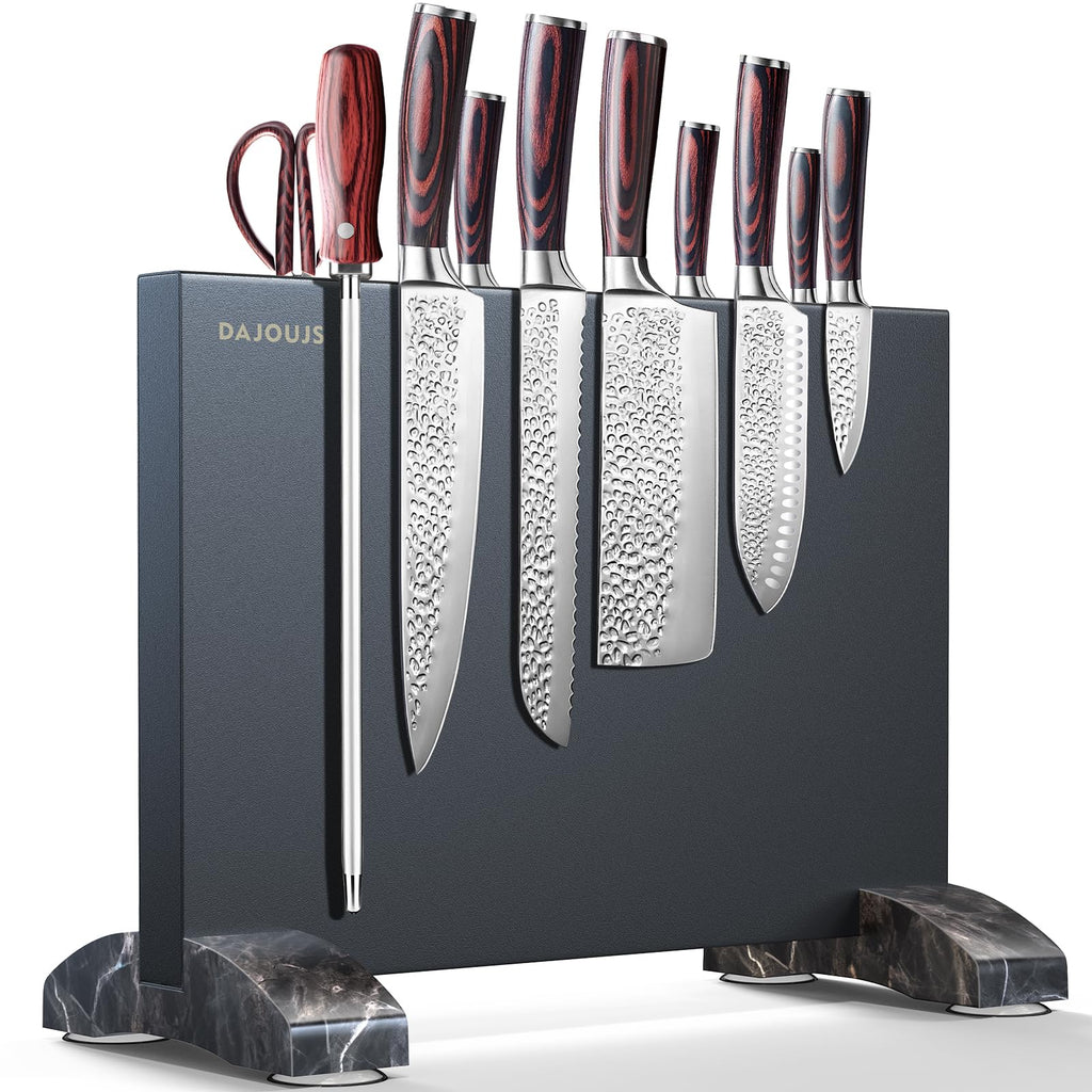 Large Magnetic Knife Holder16.15 x 11 Inches, Double Sided Magnetic Knife Block Without Knives, Stainless Steel Knife Storage Rack for Kitchen Counter With Strong Magnet Stand & Wood Base