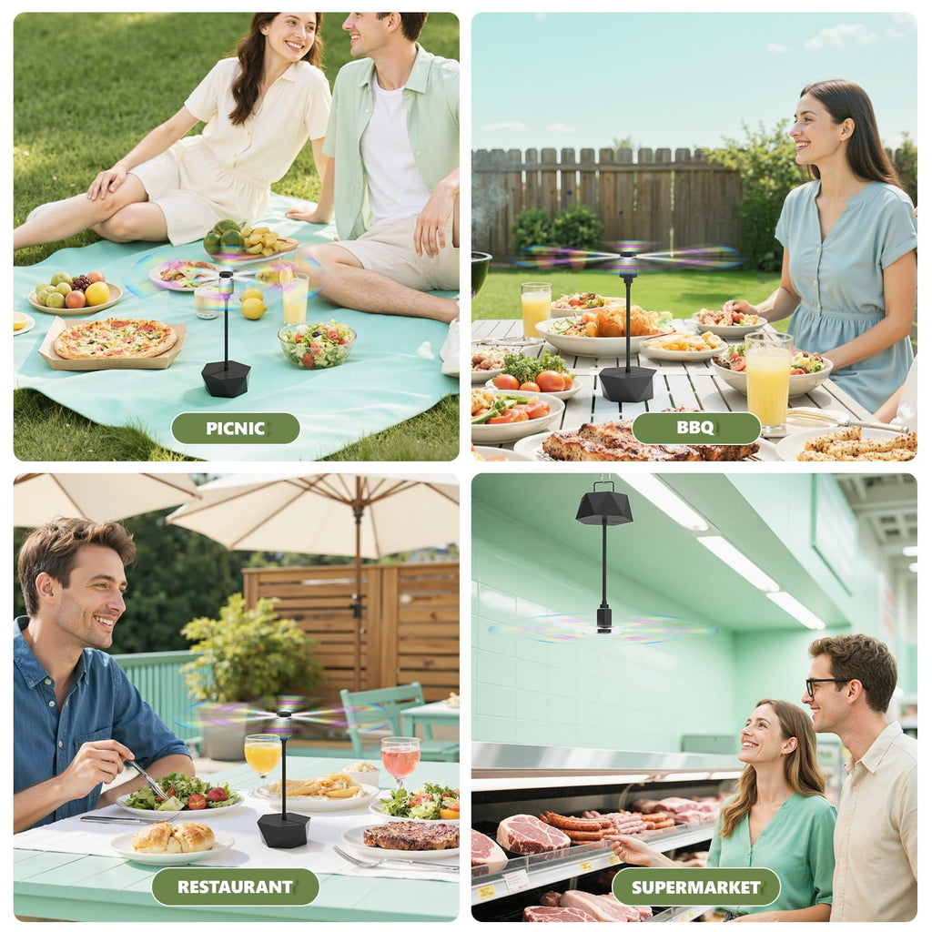 Portable Battery Powered Fly Fans for Tables Up to 15 Hours Working Time, 4-Pack Indoor Outdoor Food Fan with Flexible Goose-Neck Blades for Home Restaurant Party Picnic Patio BBQ, Jet Black
