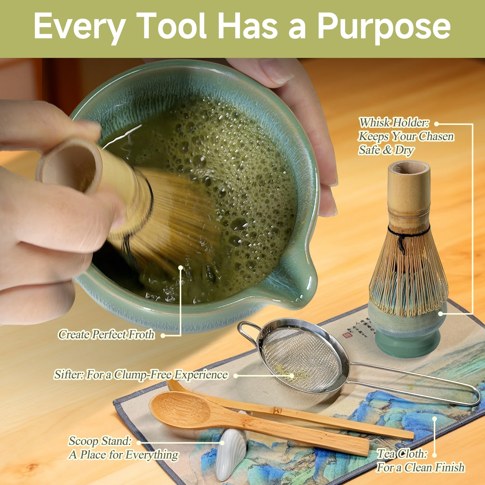 Matcha Whisk Set with Ceramic Bowl - Bamboo Whisk (Chasen), Scoop, Sifter & Holder - Complete Kit for Traditional Matcha Tea - Unique Gifts for Women, Men, Tea Lovers (Green)