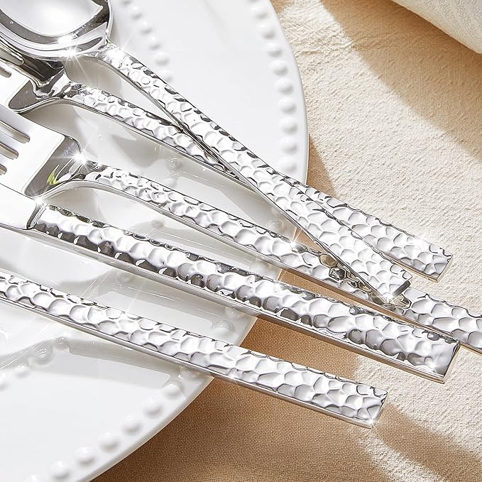 KINGSTONE 30 Piece Hammered Silverware Set, 18/10 Stainless Steel Flatware Set for 6, Cutlery Set for Home, Party, Wedding, Mirror Polished Dishwasher Safe