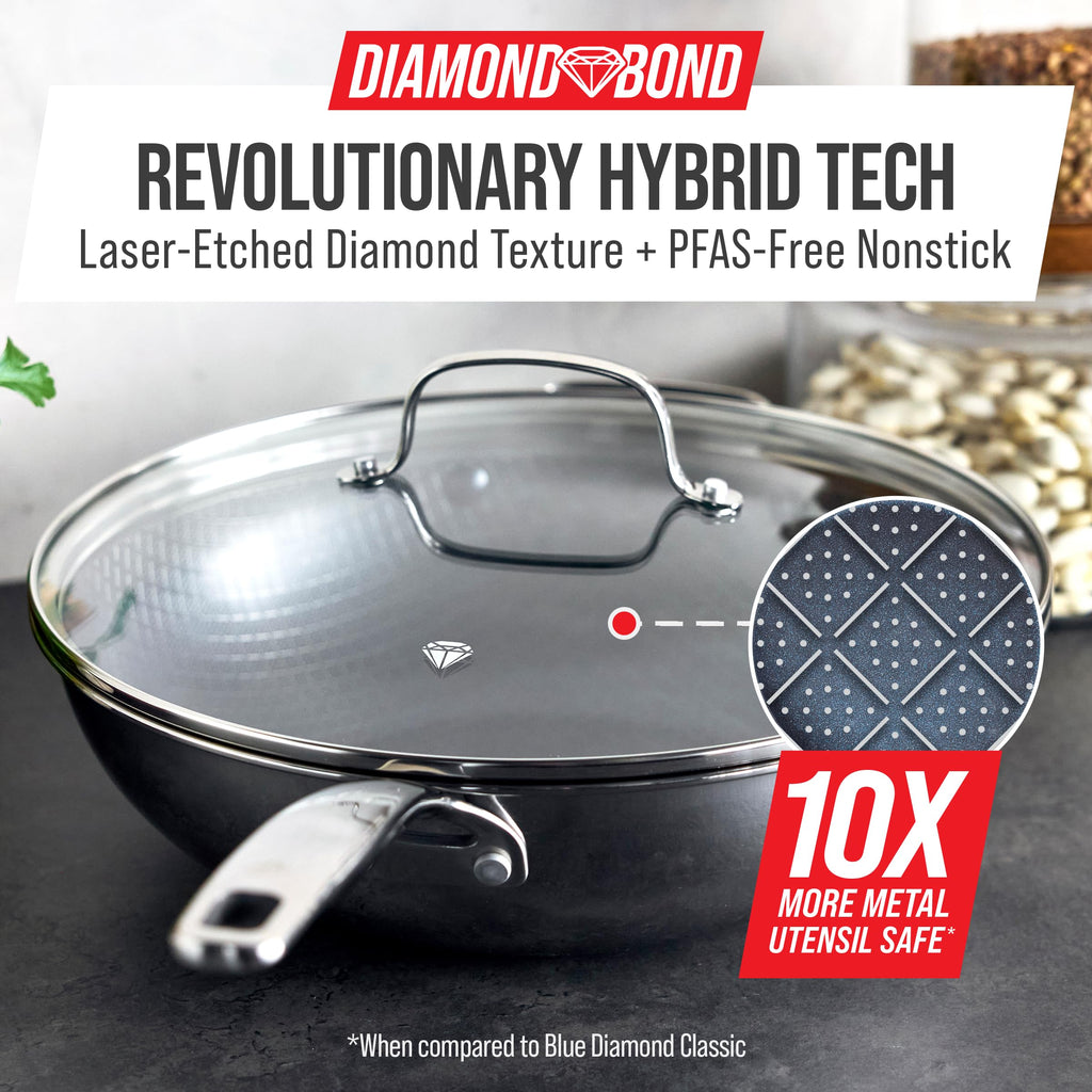 Blue Diamond Hybrid Nonstick Stainless Steel 12” Wok with Lid, PFAS-Free Ceramic Diamond Bond Stir-Fry Pan, Induction Ready, Dishwasher & Oven Safe, Metal Utensil Safe, Stay-Cool Handle, Silver