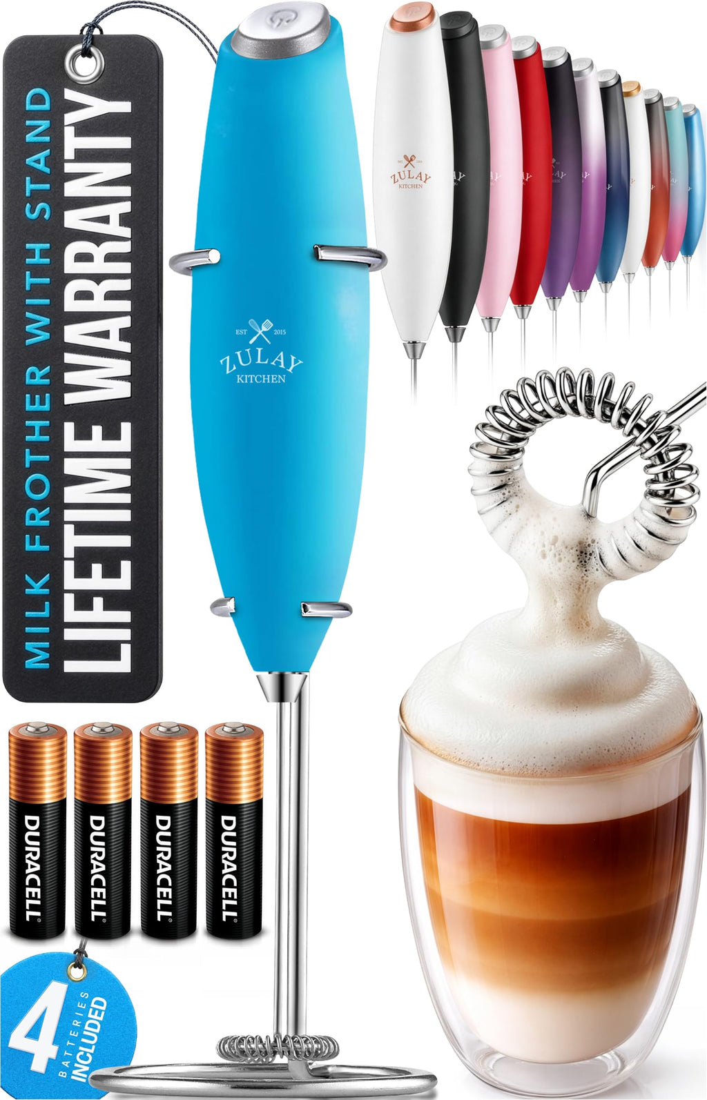 Zulay Kitchen Powerful Milk Frother Wand With Duracell Batteries - Ultra Fast Handheld Drink Mixer - Electric Whisk Foam Maker for Coffee, Lattes, Cappuccino & Matcha - Z1 Motor - Aqua