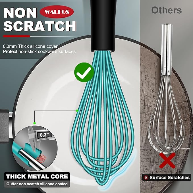 Walfos Silicone whisk,Whisks for Cooking Non Scratch, BPA Free whisk set of 4, 7+9+11in Balloon Whisks & 11in Flat Whisk, Heat Resistant(480°F).Great for Cooking in Pans, Baking, Whisking.Blue