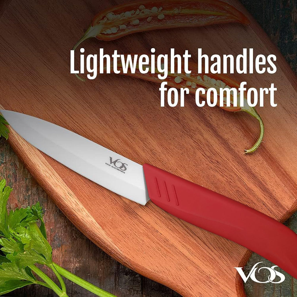 Vos Ceramic Knife Set in Elegant Gift Box, Ceramic Knives Set For Kitchen, Ultra Sharp Kitchen Knife Set with Covers, 4" 5" 6" Paring, Santoku & Chef Knife, Lightweight, Dishwasher safe (Red Handle)