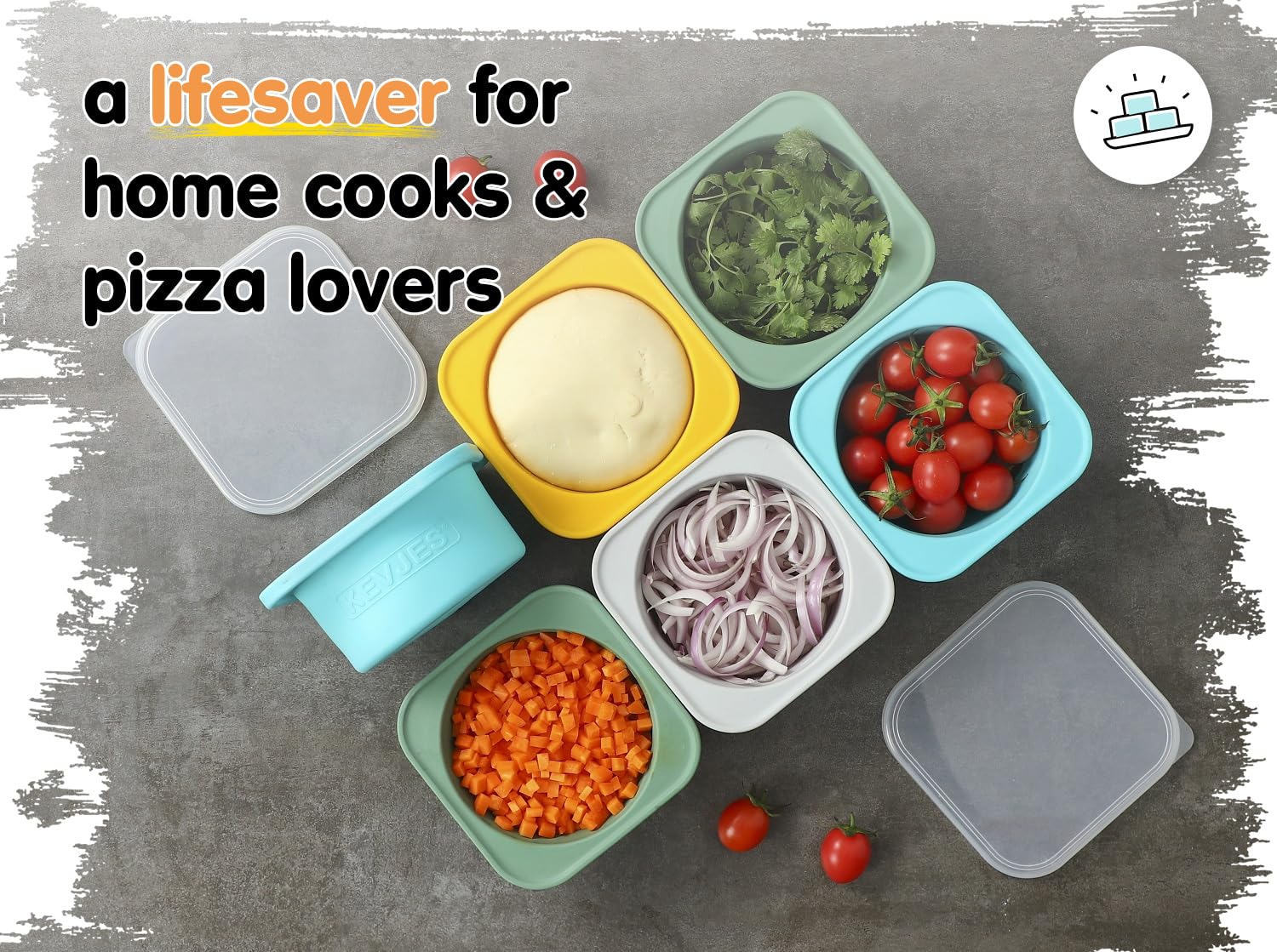 KEVJES Stackable Silicone Artisan Pizza Dough Proofing Containers with Lids (2 Yellow+2 Space Gray)