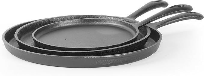 Commercial CHEF Round Cast Iron Griddle Pan 3-Piece Set – 8-inch, 10-inch, and 12-inch - Pre-seasoned Griddle Cast Iron Cookware