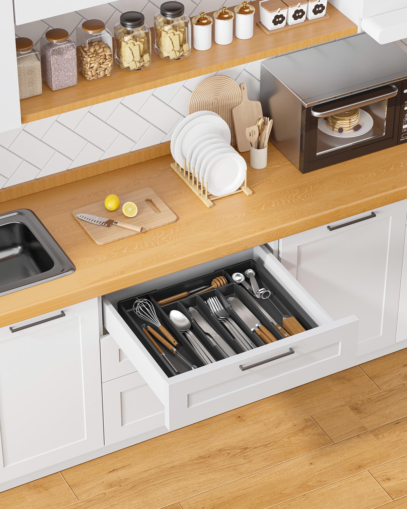 Kitsure Silverware Organizer for Drawers - Expandable Cutlery and Utensil Drawer Organizer with Easy Maintenance, Premium PP Kitchen Organizers and Storage for Flatware, White, 13.2" x 12.2" x 1.6"