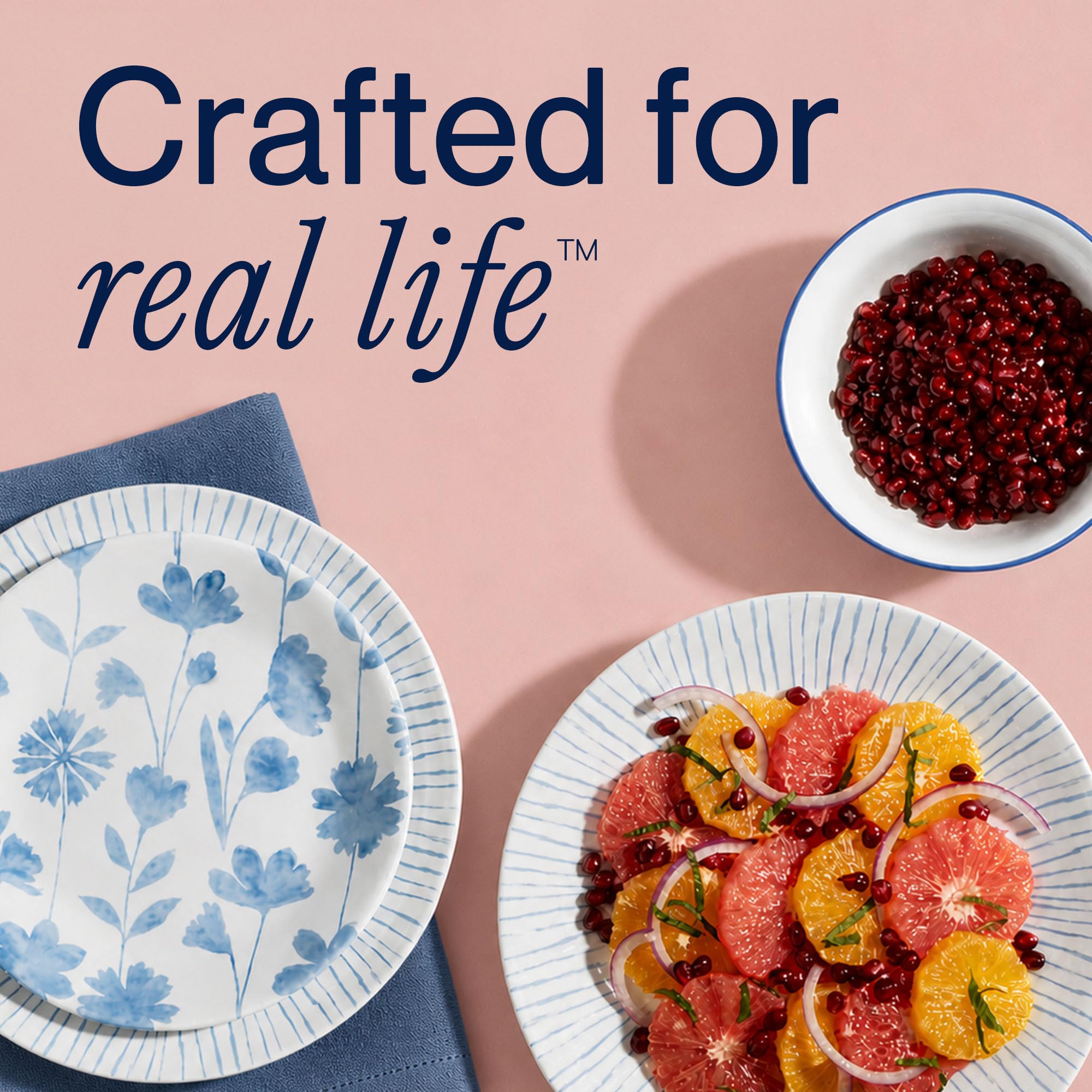 Corelle 18-Piece Dinnerware Set Service for 6, Lightweight Round Plates and Bowls Set, Vitrelle Triple Layer Glass, Chip Resistant, Microwave and Dishwasher Safe, Nautical Stripes