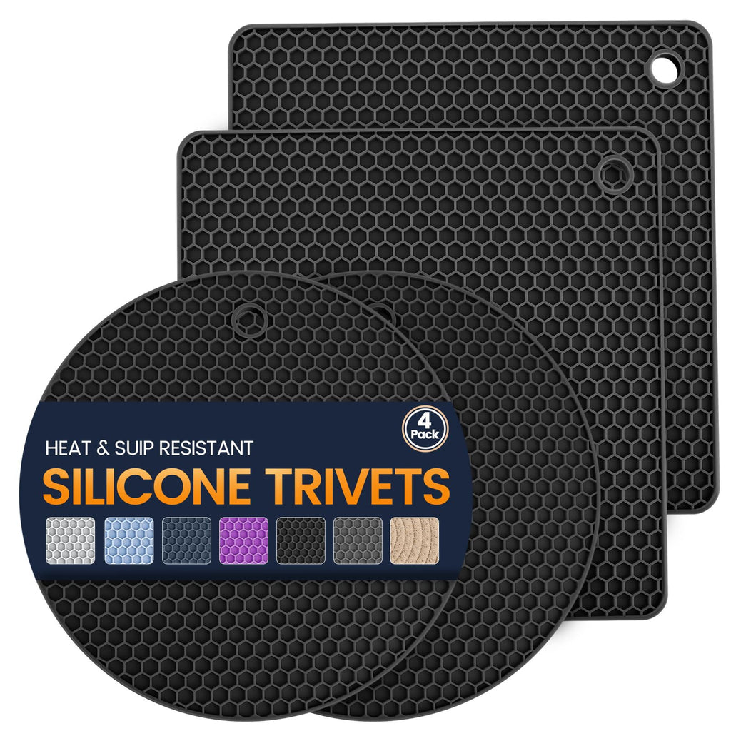 Silicone Trivet Mats 4 Heat Resistant Pot Holders Multipurpose Non-Slip Hot Pads for Kitchen Potholders, Drying mat, Jar Opener, Spoon Holder, Coaster.(Dark Black)