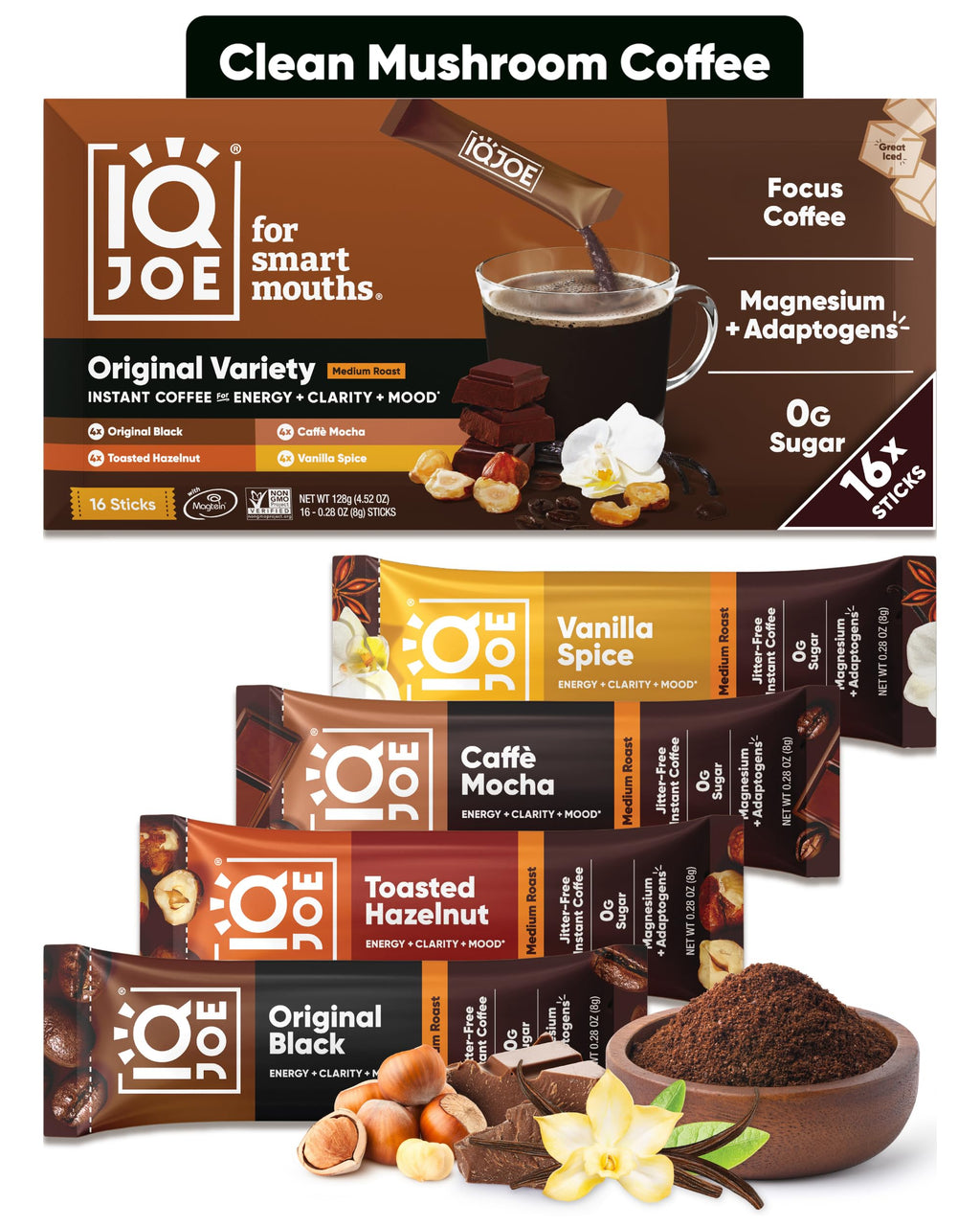 IQJOE Instant Mushroom Coffee Packets, Variety Pack, 16 Stick Packs