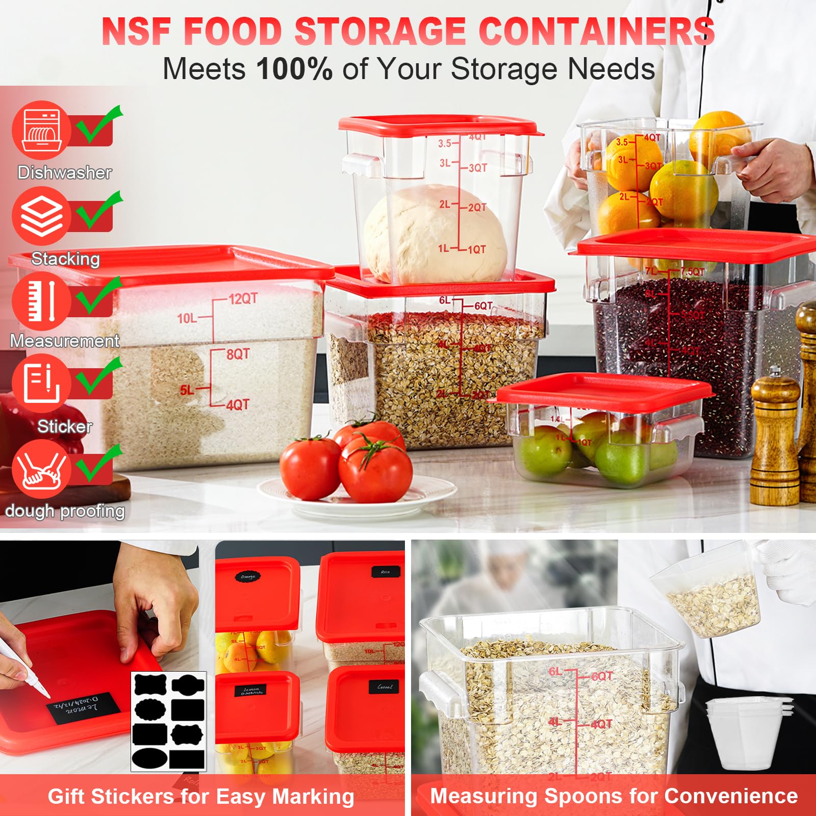 RVGMBO 2QT&4QT NSF Food Storage Containers with Lids: 4 PCS [Total Food Grade][Hot&Cold Resistant] Commercial Clear Food Storage Containers for Restaurant Kitchen Proof Dough (Red)