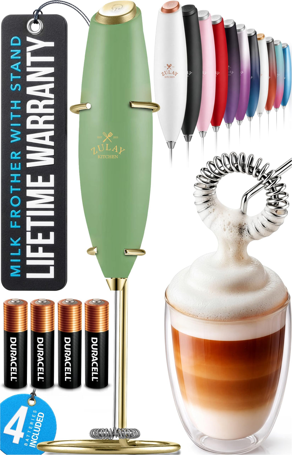 Zulay Kitchen Powerful Milk Frother Wand With Duracell Batteries - Ultra Fast Handheld Drink Mixer - Electric Whisk Foam Maker for Coffee, Lattes, Cappuccino & Matcha - Z1 Motor - Aqua