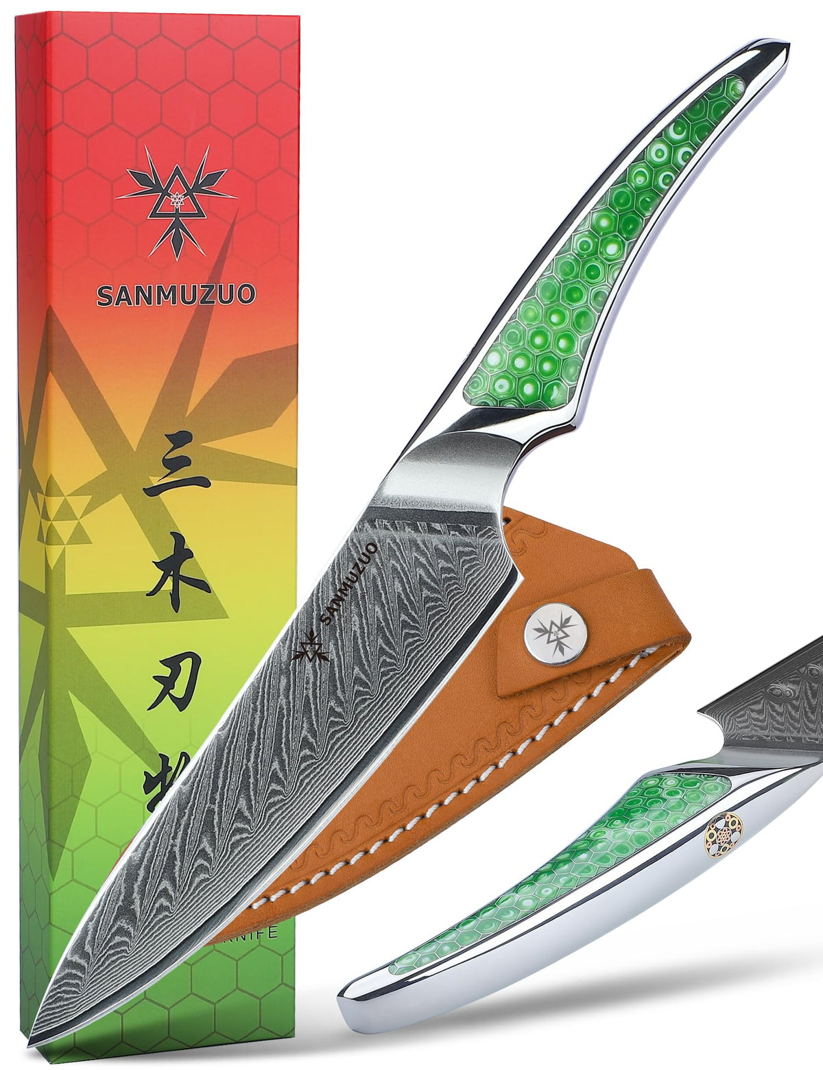 SANMUZUO 7 inch Nakiri Knife, Japanese VG-10 Damascus Steel Meat Cleaver, Ultra Sharp Vegetable Knife with Full-tang Handle in Green Resin, LA-S9 Series