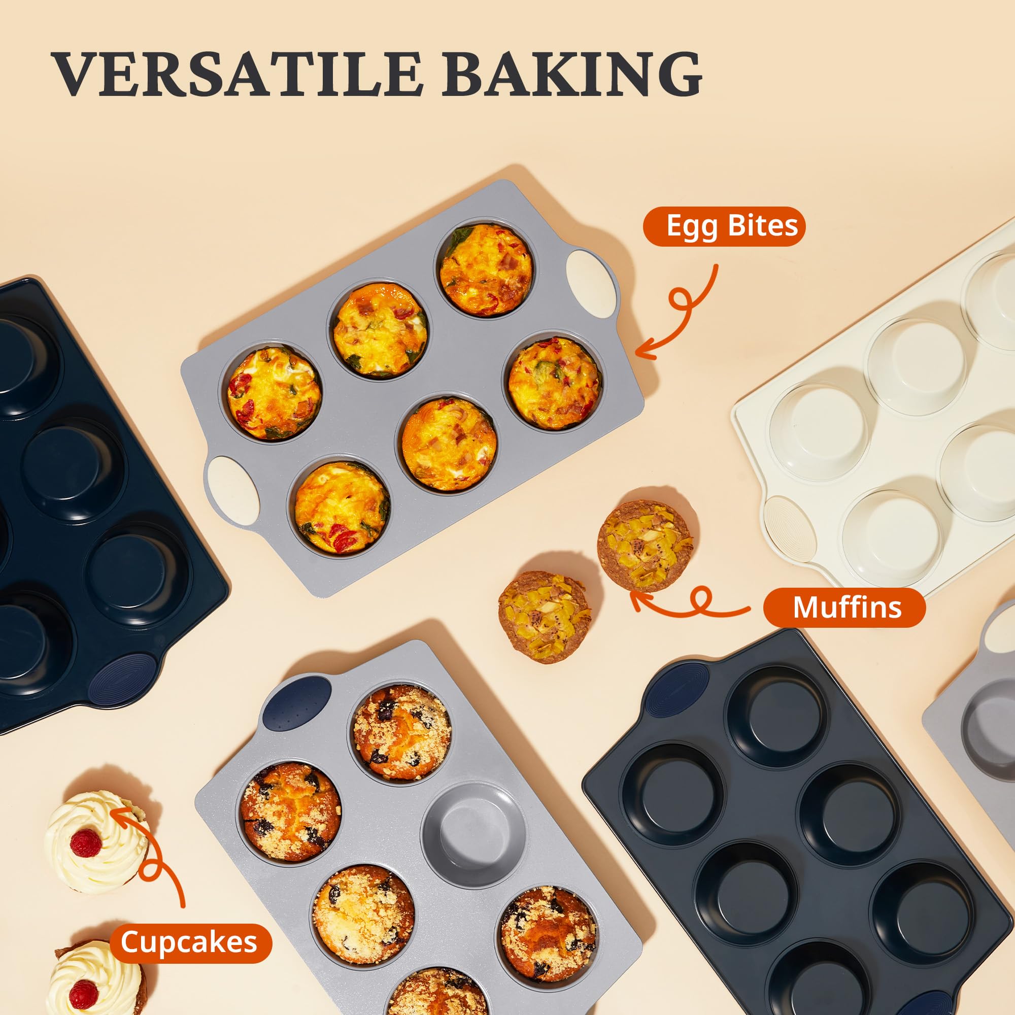 BRONYPRO 2-Pack 6-Cup Non Toxic Nonstick Ceramic Jumbo Muffin Pan & Cupcake Tin, PFOA & PFOA Free, Heavy Duty Rust-Resistant Aluminized Steel, Oven Safe, Cream White