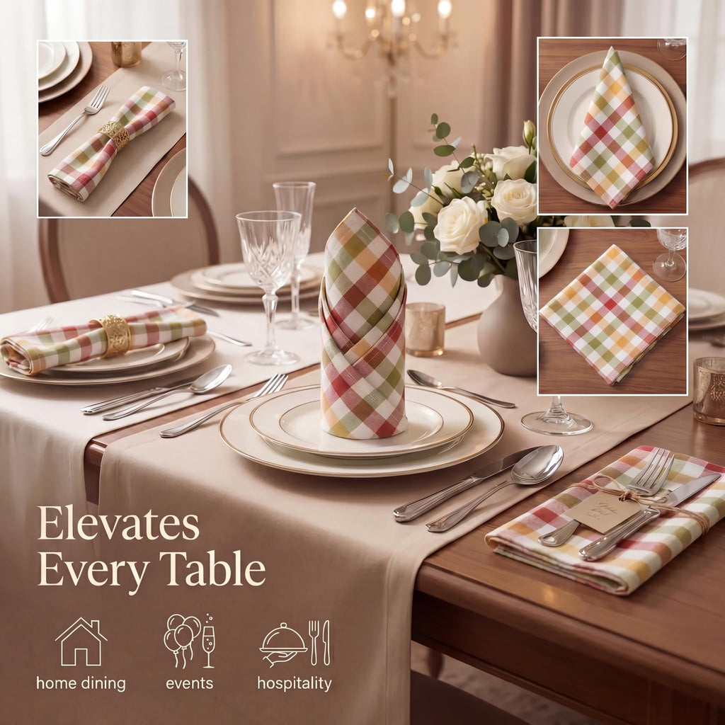 Urban Villa Cloth Napkins 100% Cotton Dinner Napkins Set of 12(20"x20") Highly Absorbent Washable Durable Reusable Napkins Ideal for Thanks Giving Lunch Restaurant Farmhouse Parties - Harvest Checks