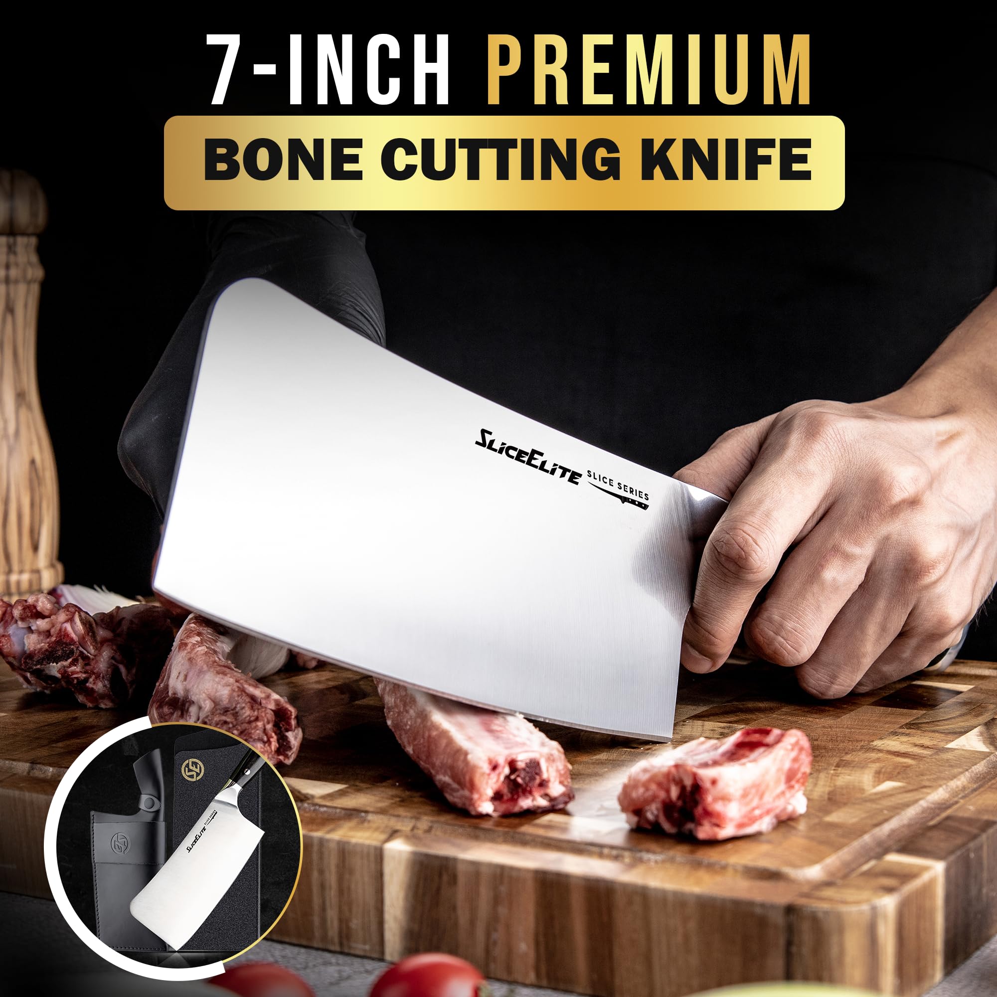 SliceElite Slice Series 7 Inch Bone Cutting knife High Carbon German Steel Blade Pakkawood Handle Dual Sheath Cleaver Chopper Butcher Tool Heavy Duty Kitchen Meat Slicer Vegetable Sharp Gift BBQ Chef