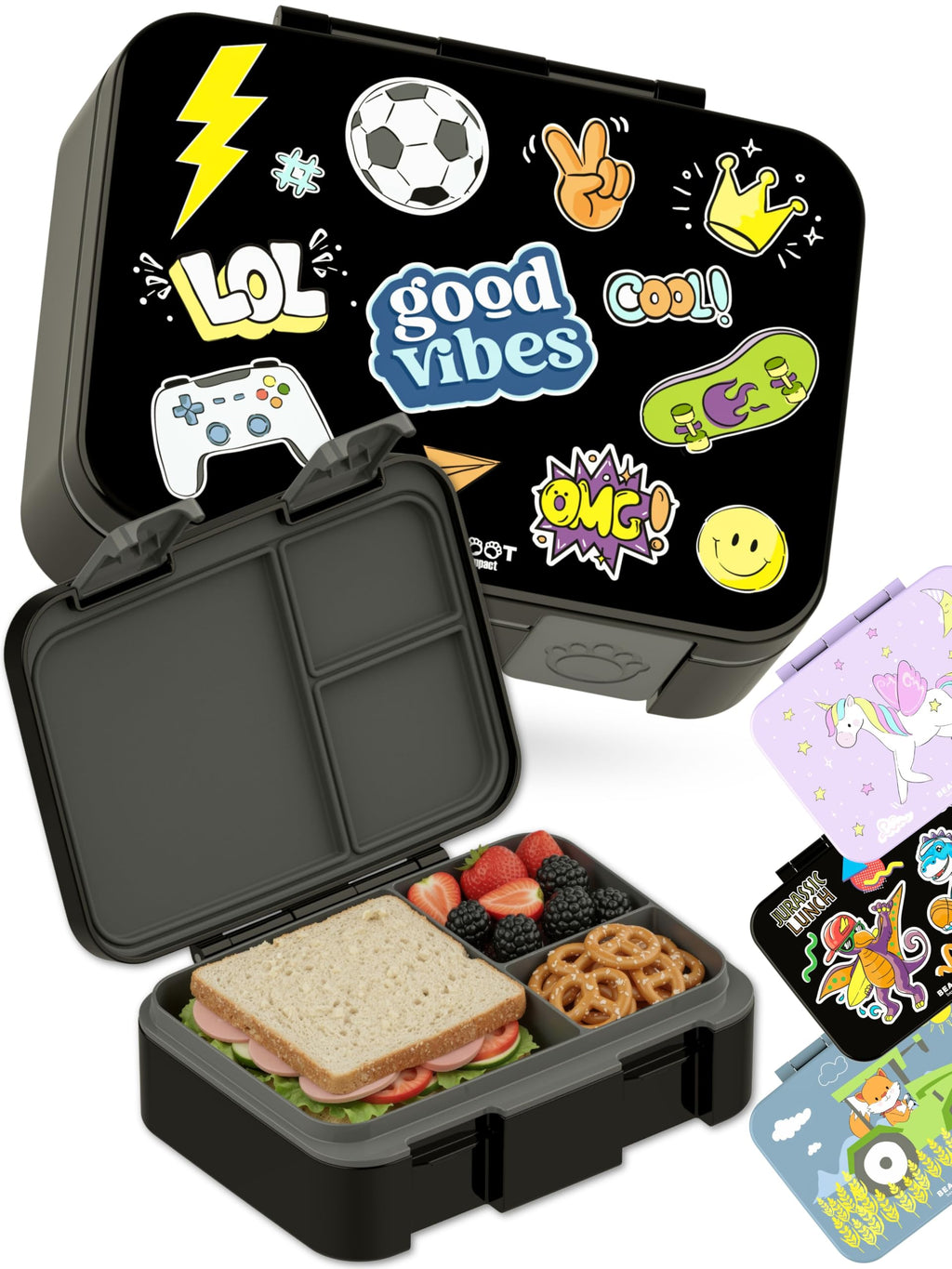 BEARFOOT Kids Lunch Box with Compartments – Compact & Lightweight | Leak-Proof, BPA-Free, Dishwasher Safe | Hand-Drawn Design for Preschool, School, Travel (Sticker Purple, 2.75 Cups)